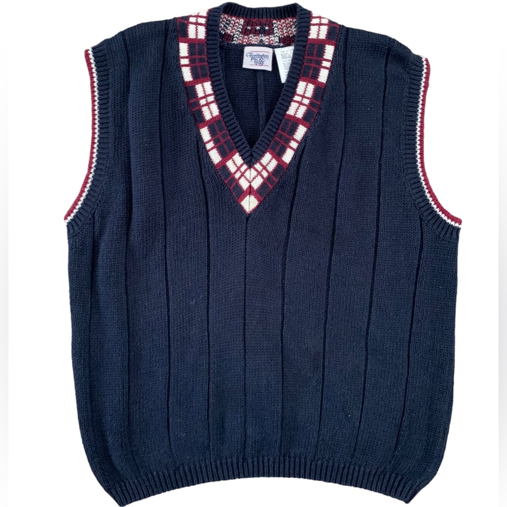 Vintage Huntington Ridge Navy Scottish Knit Preppy Golf Sweater Vest Mens Size L